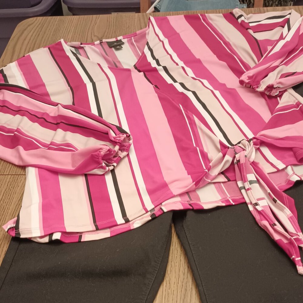 Worthington Size XL Red and Pink Stripe Faux Wrap Top